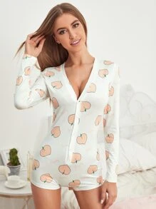 Peach & Letter Graphic Pyjama Onesie - White - View 2