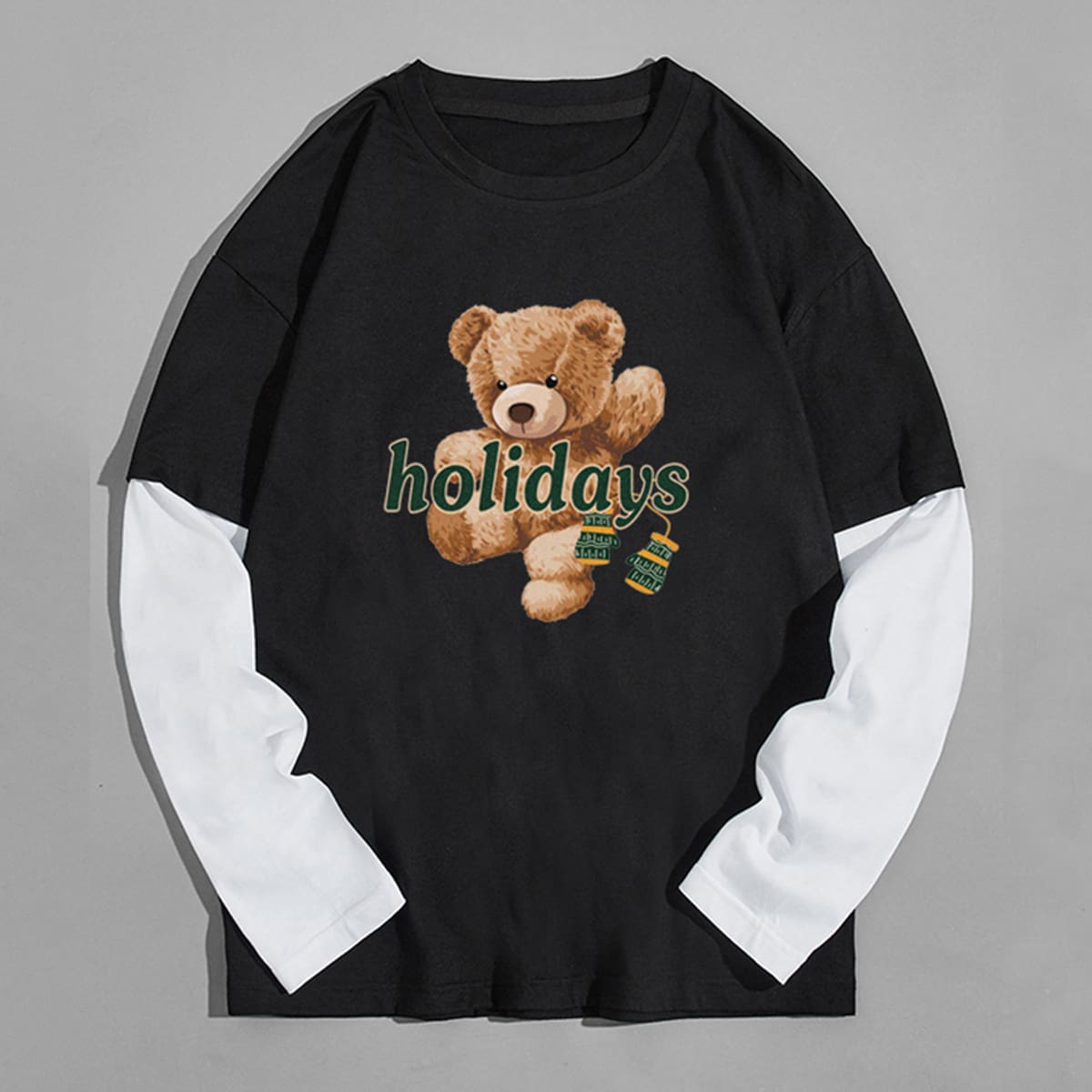 

Guys 2 In 1 Letter Cartoon Bear Graphic Tee, Black and white