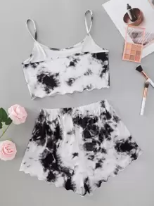 Completo da pigiama/Coordinato con camicetta con bordo a lattuga effetto tie-dye