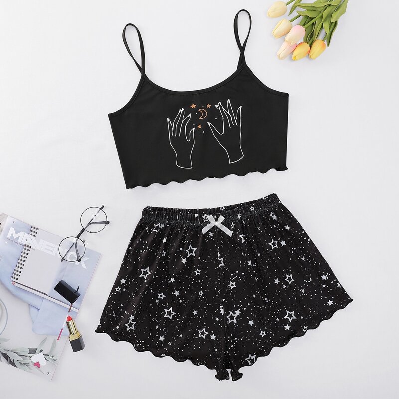 

Hand & Galaxy Print Bow Detail Cami PJ Set, Black