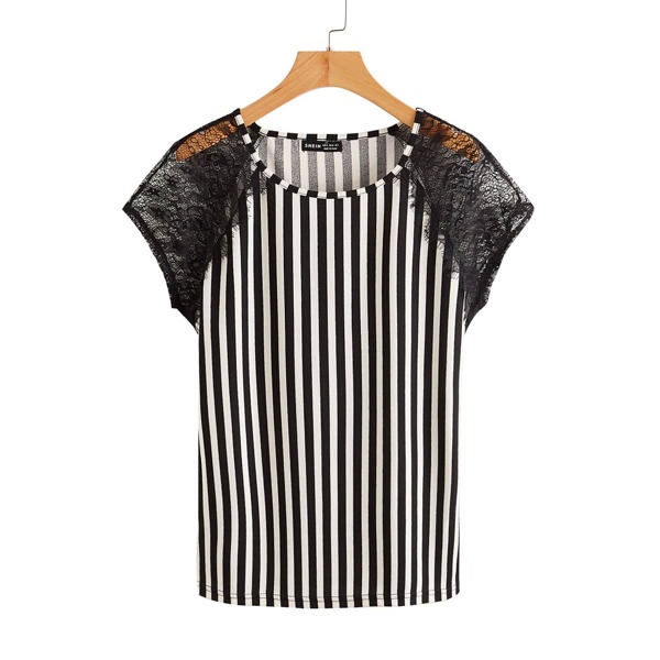 

Sheer Lace Raglan Sleeve Striped Print Tee, Black and white