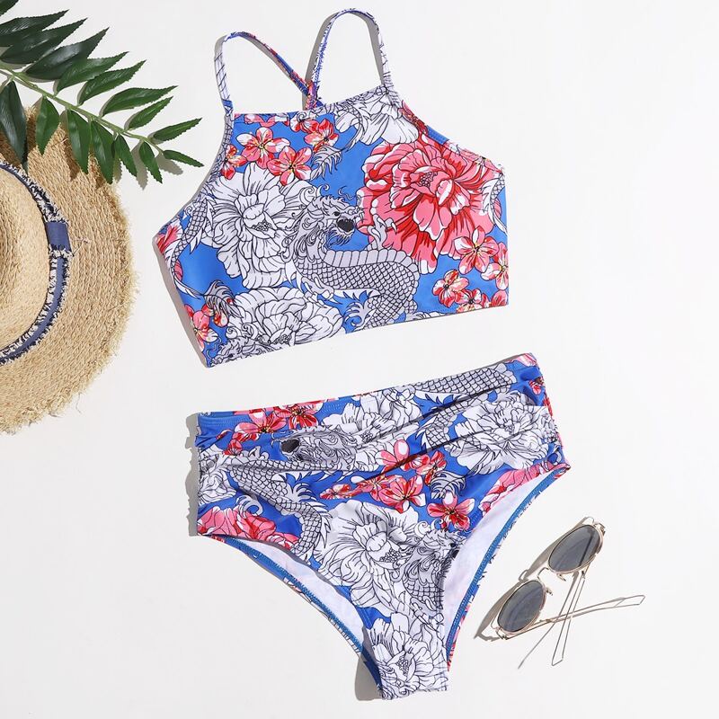 

Floral & Dragon Print Lace-up Bikini Swimsuit, Multicolor