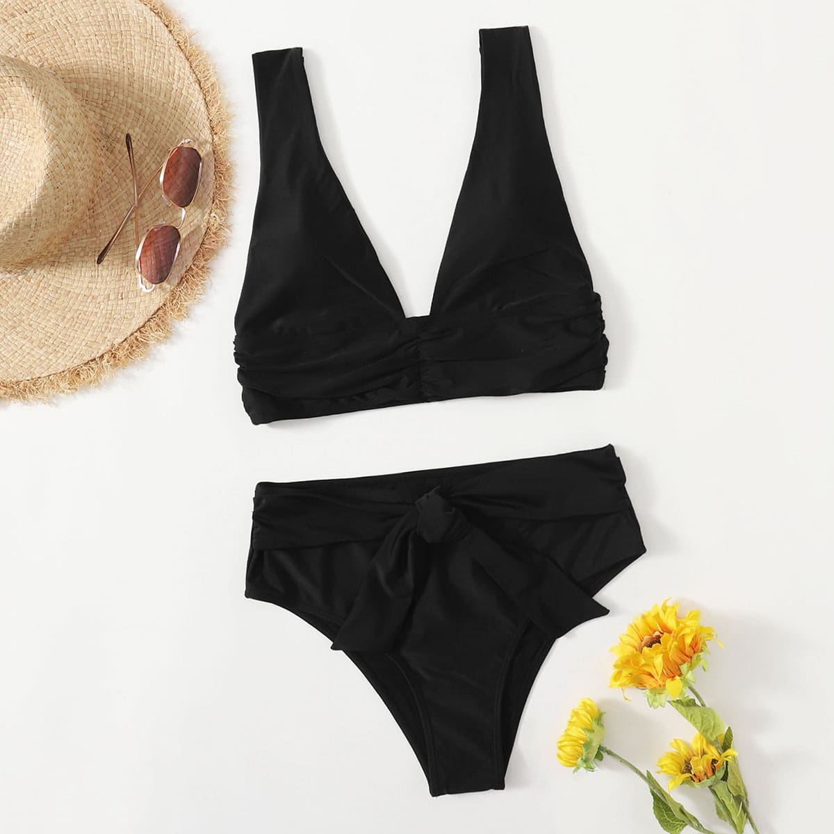 

Ruched Knot Front Bikini Swimsuit, Black