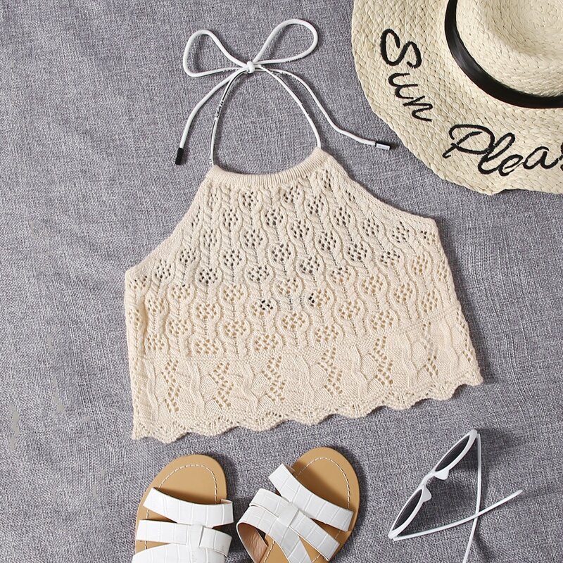 

Scallop Trim Halter Neck Knit Top, Apricot