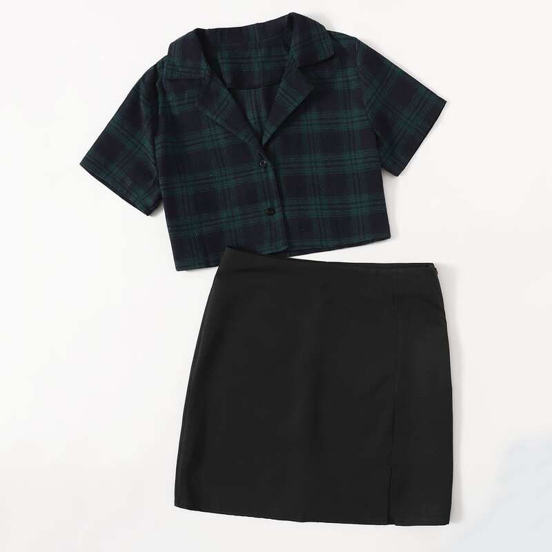 

Tartan Button Front Crop Blouse & Solid Split Skirt, Multicolor