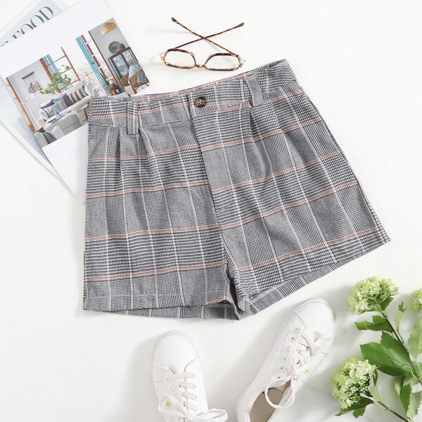 

Fold Pleat Plaid Print Shorts, Grey