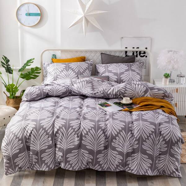 

Leaf Print Brushed Microfiber Duvet Cover Set Without Filler, Grey
