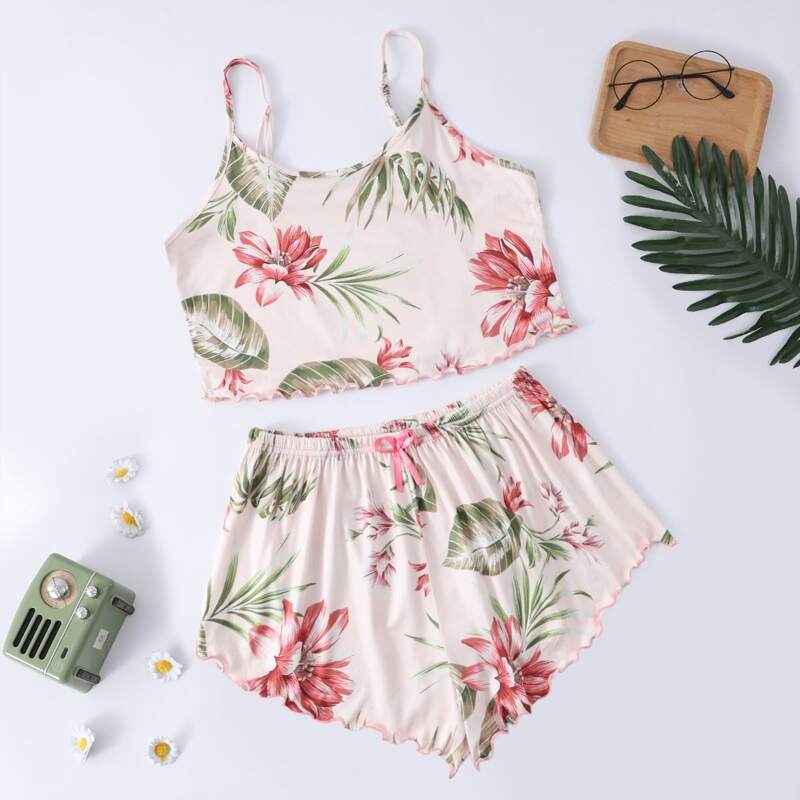 

Floral And Tropical Print Lettuce Trim Cami Pajama Set, Multicolor