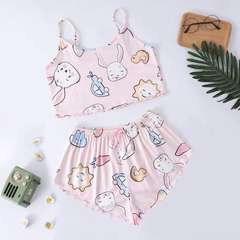 

Cartoon Graphic Lettuce Trim Cami Pajama Set, Baby pink