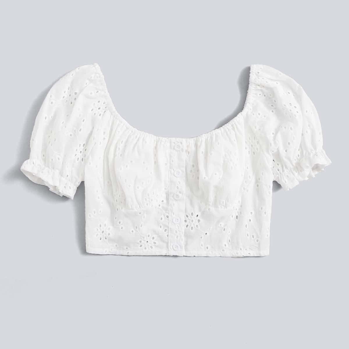 

Solid Eyelet Embroidery Button Front Blouse, White