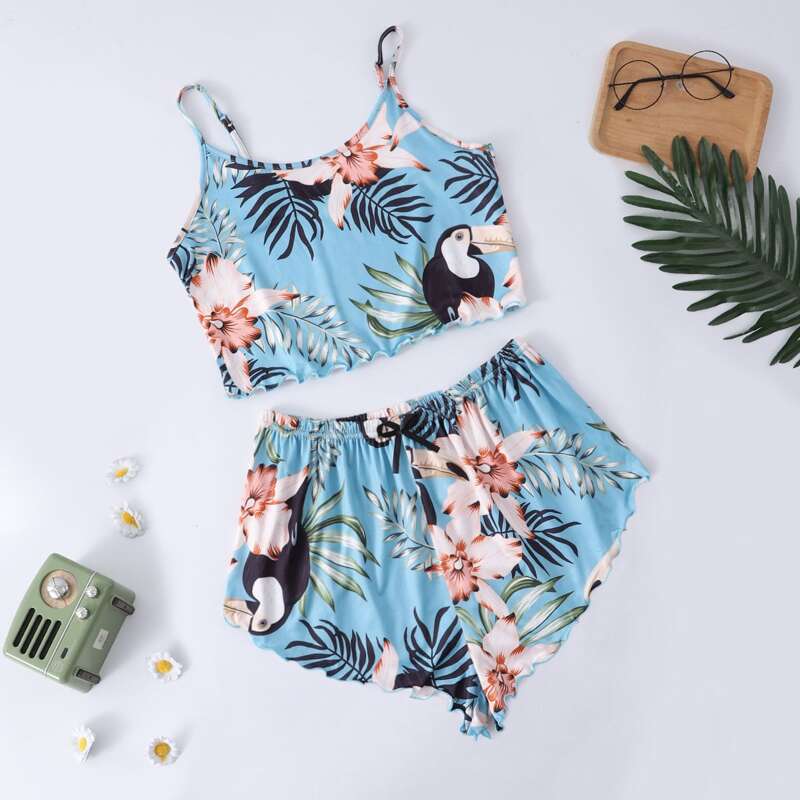 

Floral And Tropical Print Lettuce Trim Cami Pajama Set, Multicolor
