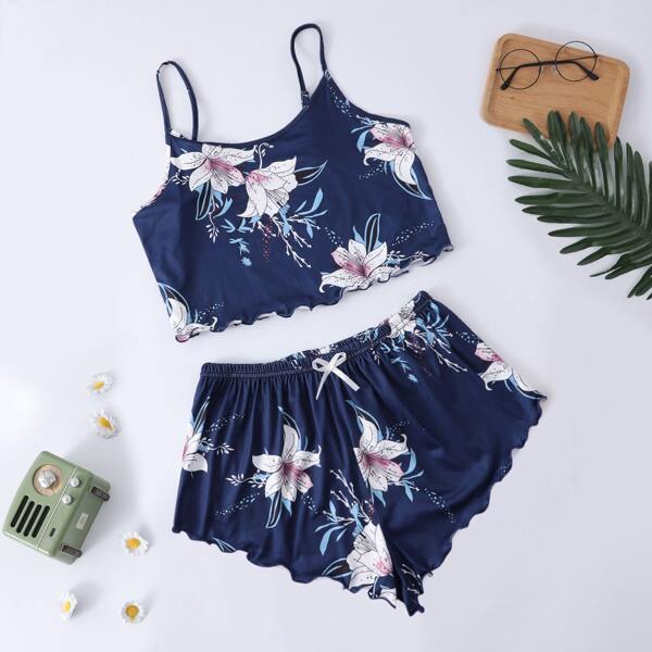 

Floral Print Lettuce Trim Cami Pajama Set, Navy blue
