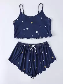 Star Print Lettuce Trim Cami Pajama Set - Navy Blue - View 4