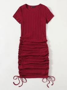 Muchica Vestido ajustado tejido de canalé con cordón lateral - Burdeos - Ver 3