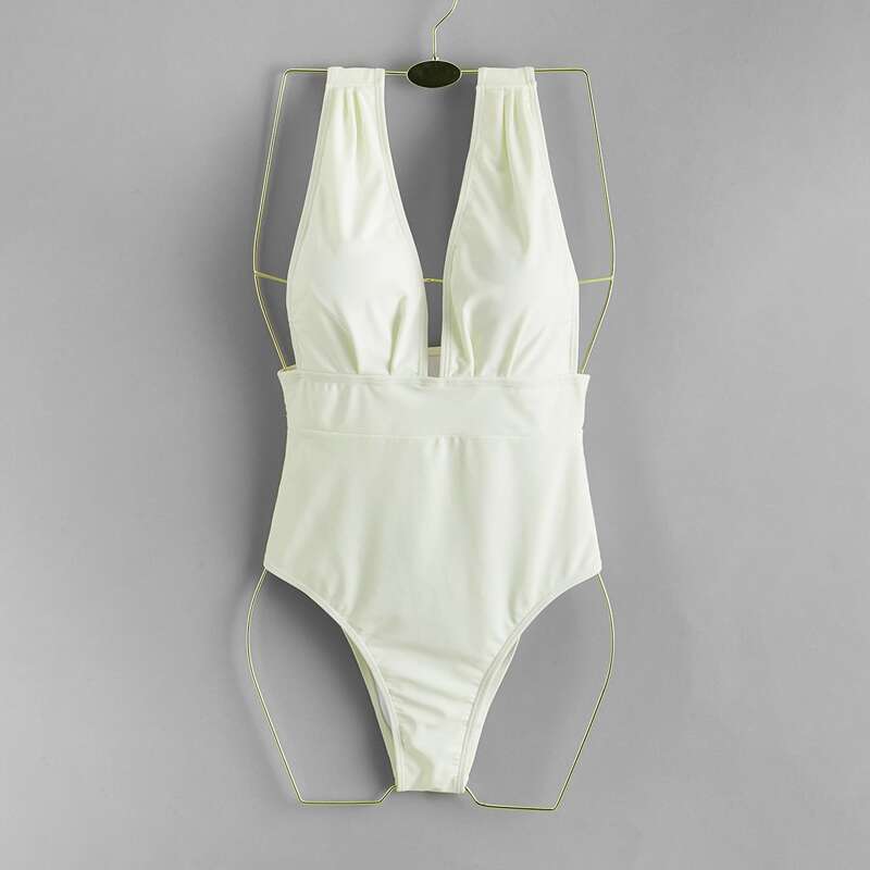 

Plain Plunging One Piece Swimsuit, White