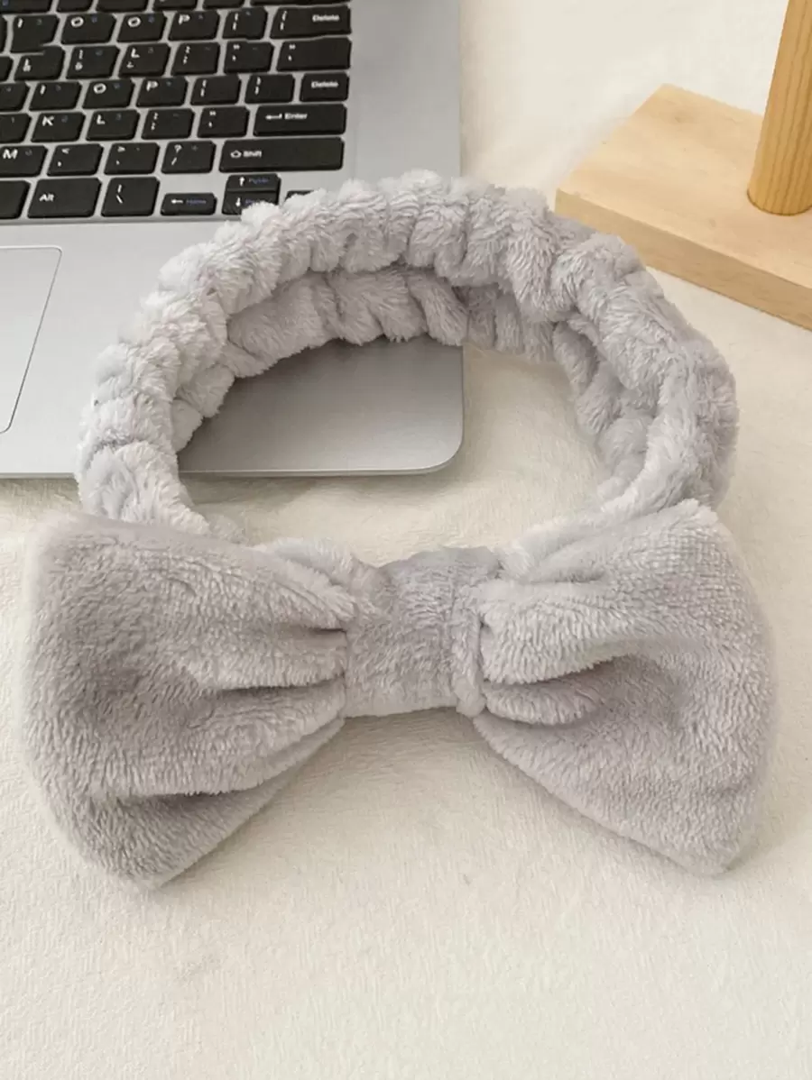 1pc Elastic Soft Coral Fleece Bath Headband, Bow Knot Minimalist Headband For Women Girls Face Washing Shower Spa Home Bathroom Decor Summer - Grey - View 1