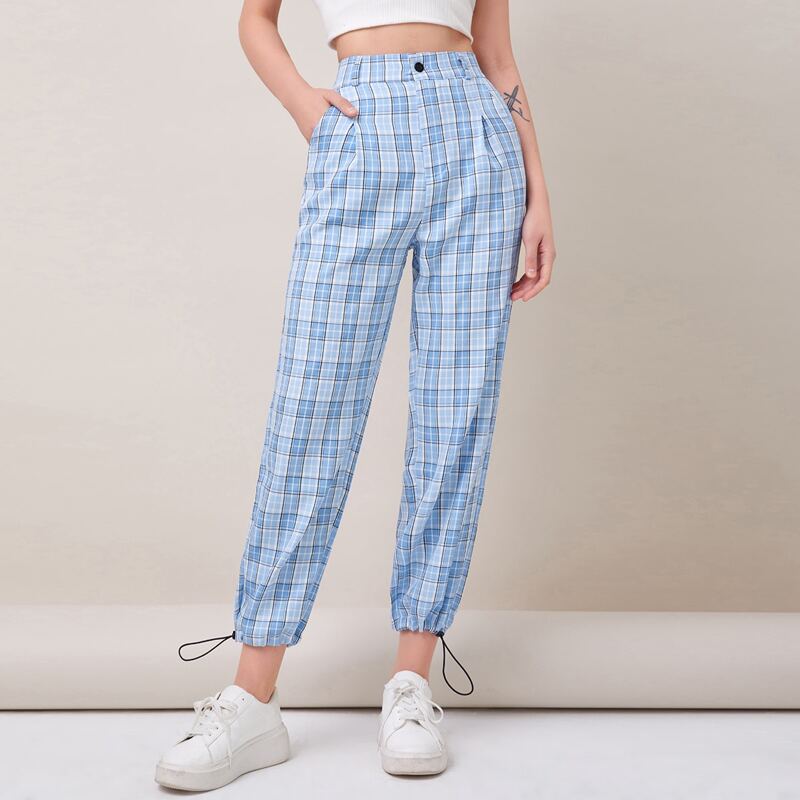 

High Waist Plaid Joggers, Multicolor