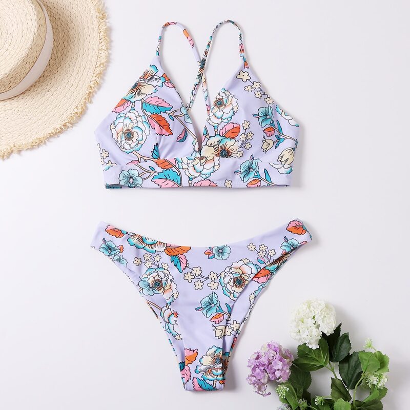 

Floral Lace-up back Bikini Swimsuit, Multicolor
