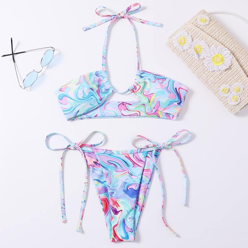 

Graphic Halter Tie Side Bikini Swimsuit, Multicolor