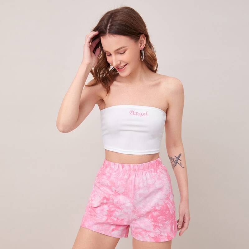 

Letter Embroidery Tube Top & Tie Dye Shorts, Multicolor