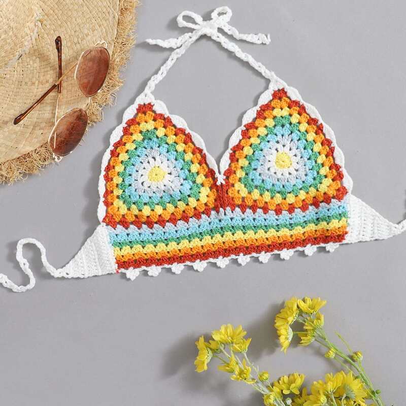 

Stripe Crochet Halter Bikini Top, Multicolor