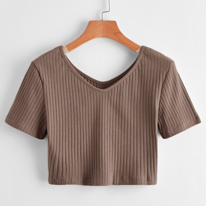 

Solid Ribbed Crop Tee, Mocha brown