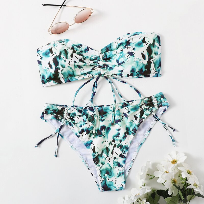

Ink Pattern Drawstring Bikini Swimsuit, Multicolor