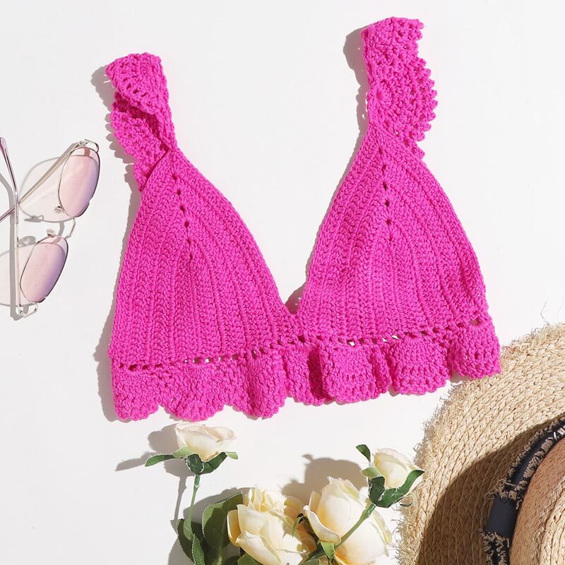 

Ruffle Hem Crochet Bikini Top, Hot pink