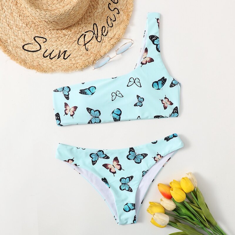 

Butterfly Print One Shoulder Bikini Swimsuit, Mint blue