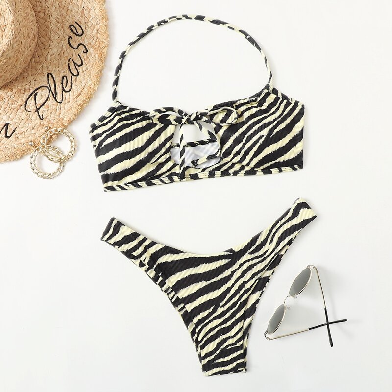 

Zebra Stripe High Leg Bikini Swimsuit, Multicolor