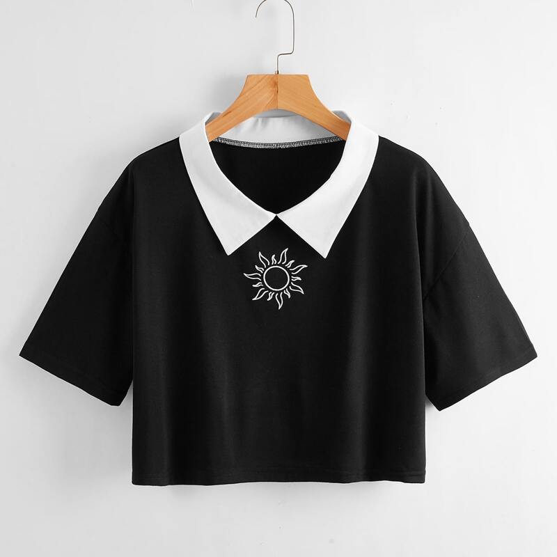 

Sun Graphic Contrast Collar Oversized Crop Tee, Black