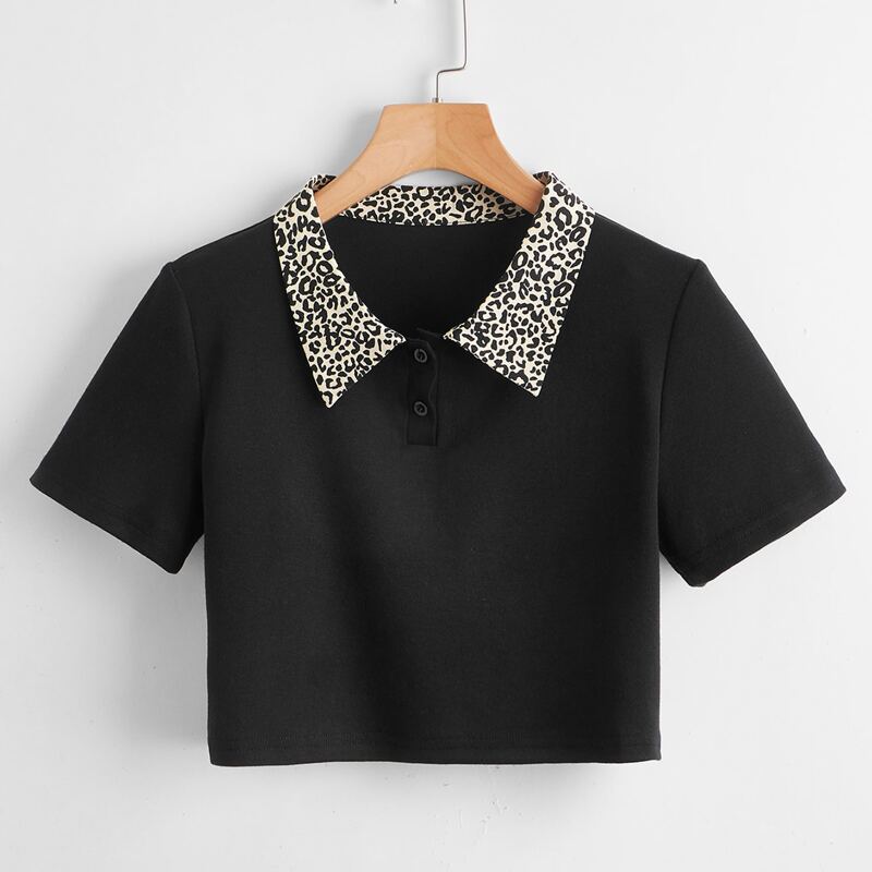 

Leopard-Collar Crop Tee, Black