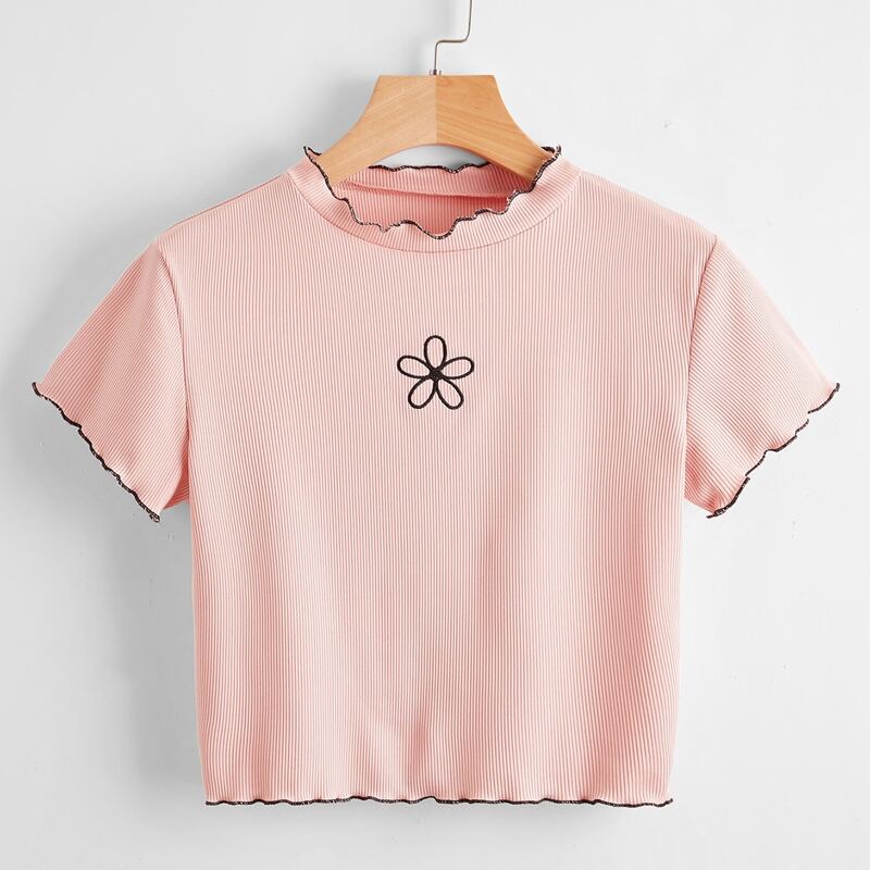 Flower Embroidery Contrast Binding Tee, Coral pink