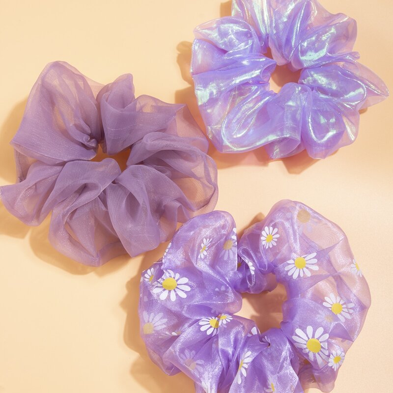 

3pcs Floral Print Pleated Scrunchie, Purple