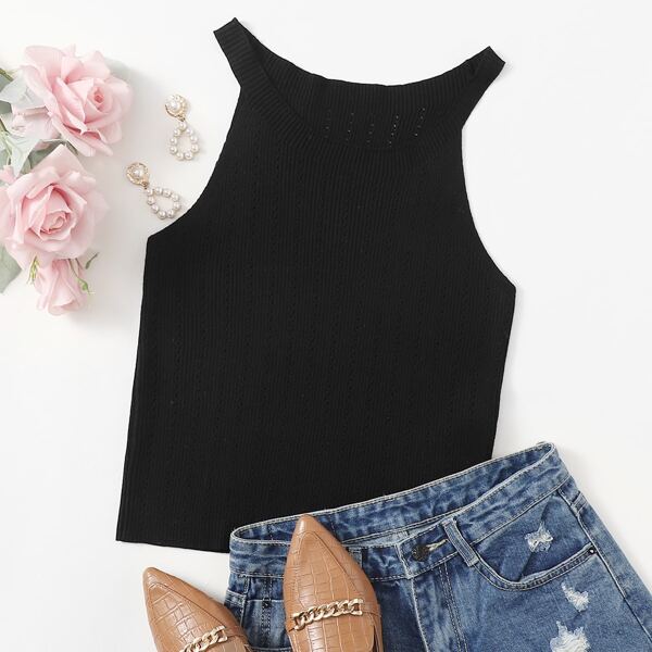 

Plus Solid Ribbed Knit Top, Black