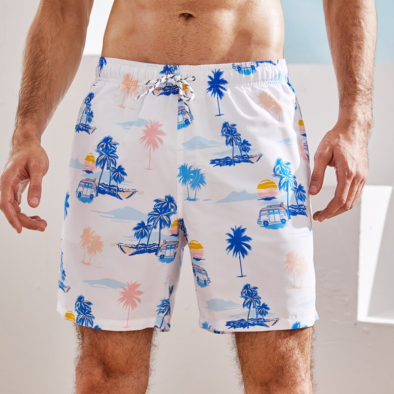 

Guys Palm Tree Drawstring Swim Shorts, White