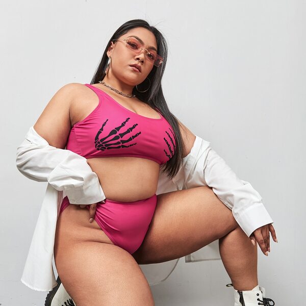 

Plus Skeleton Hand Print Bikini Swimsuit, Hot pink