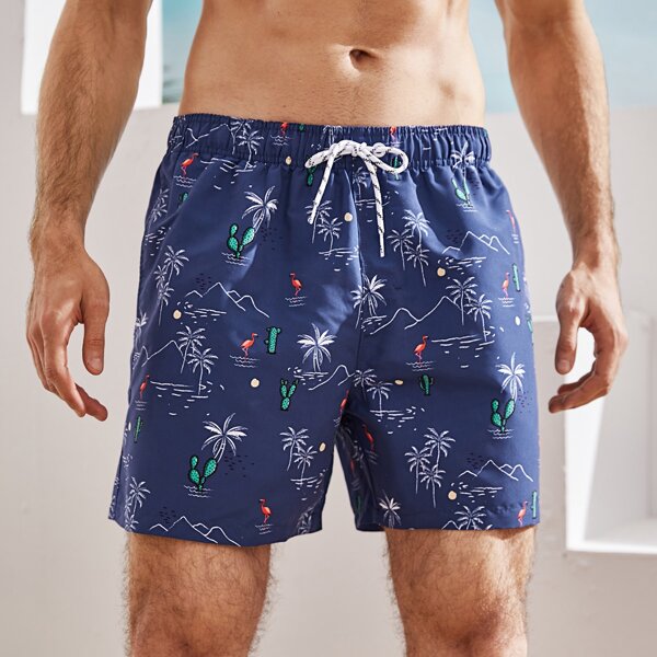 

Men Tropical Print Swim Shorts, Navy blue