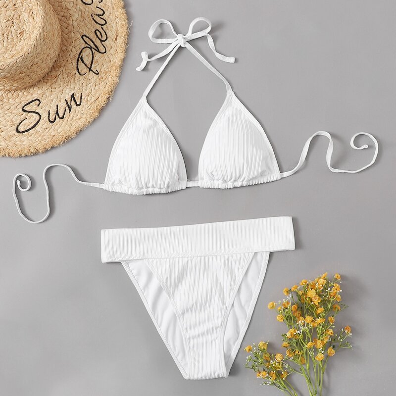 

Triangle High Leg Bikini Swimsuit, White