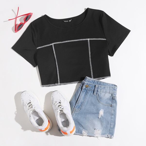 

Plus Contrast Topstitching Crop Tee, Black