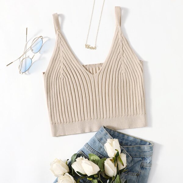 

Solid Crop Rib-Knit Top, Apricot