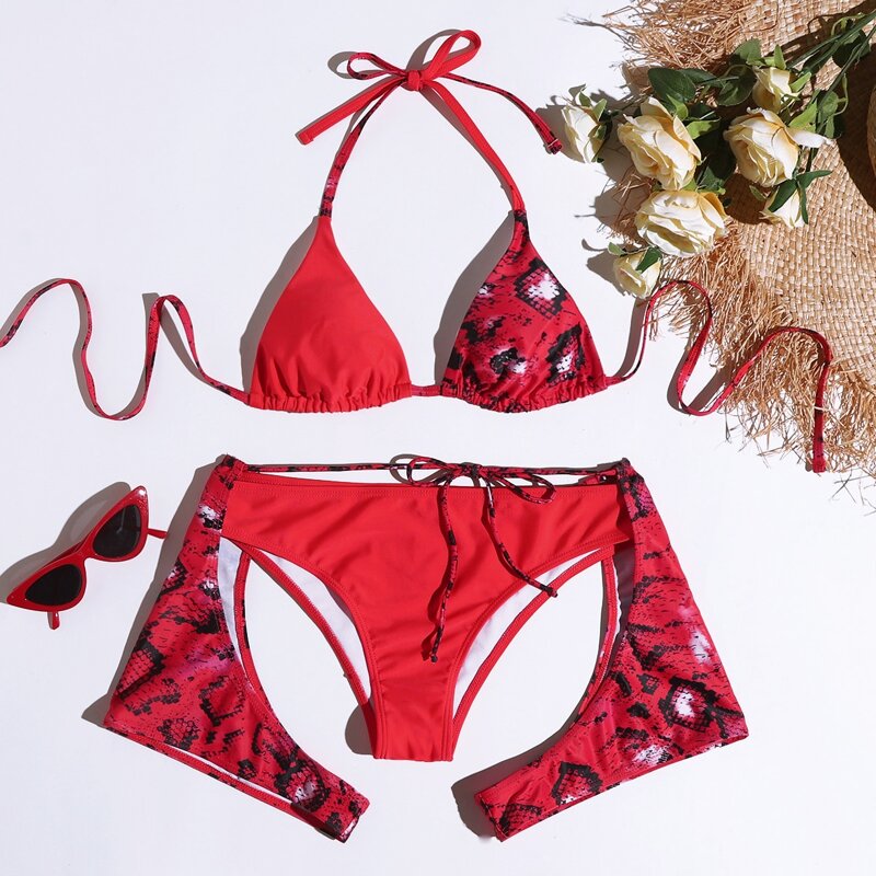 

Snakeskin Print Triangle Cut-out Bikini Swimsuit, Red