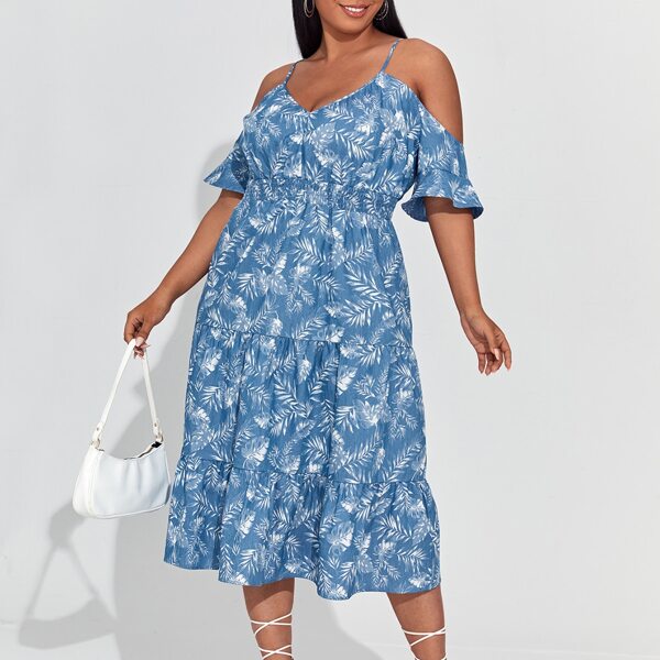 

Plus Floral Print Cold Shoulder Denim Dress, Medium wash