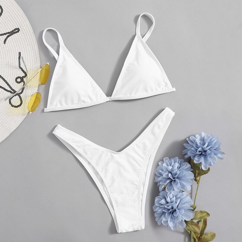 

Solid High Leg Bikini Swimsuit, White