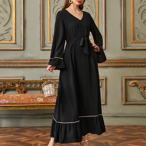 

V-neck Flounce Sleeve Self Tie Dress, Black