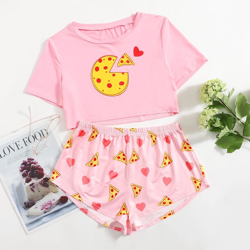 

Cartoon Graphic Tee & Shorts Pajama Set, Baby pink