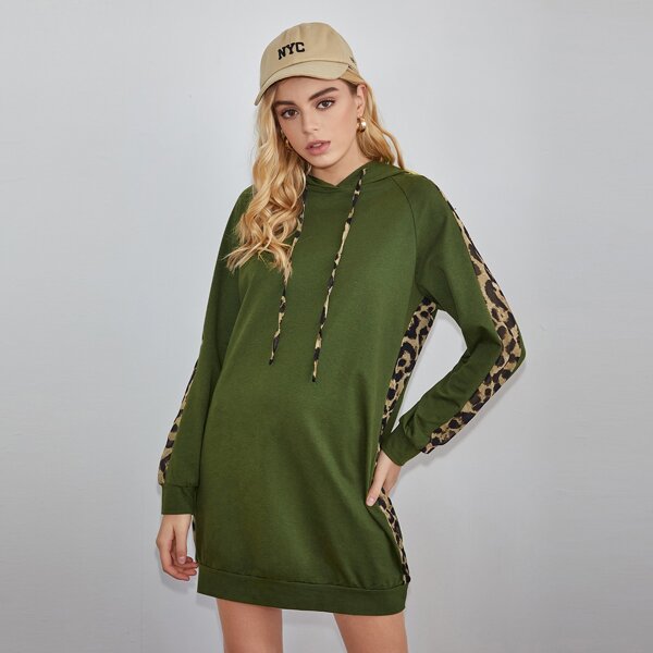 

Raglan Sleeve Leopard Striped Hooded Sweatshirt Dress, Green