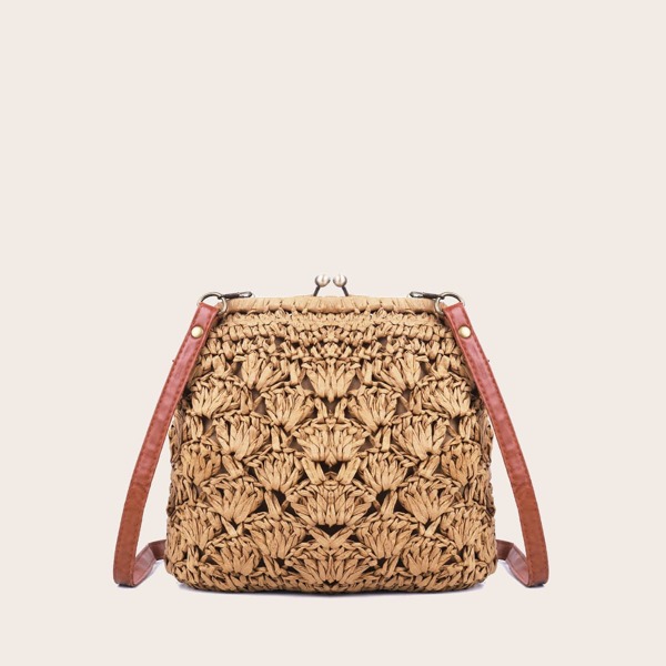 

Girls Kiss Lock Straw Crossbody Bag, Khaki