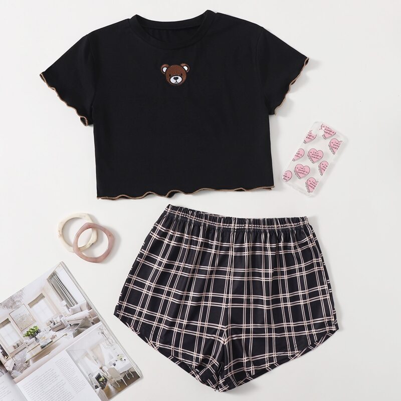 

Bear & Plaid Pattern Lettuce Trim PJ Set, Black