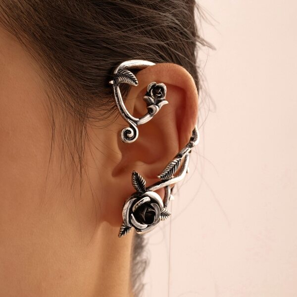 

1pc Flower Decor Ear Climber, Antique silver